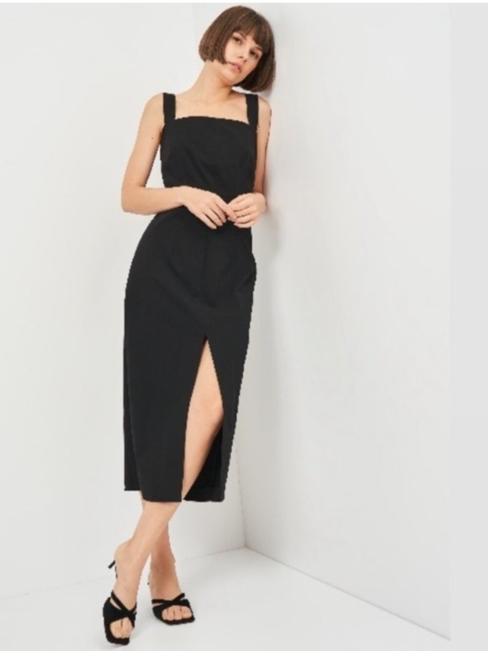 Zara Feminine Black Square Neck Midi Dress Front Slit Casual Effortless Classic